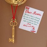 Provide Santa with easy access into your home when you do not have a chimney with our Personalized Santa Key. Leave Santa his own "key" into your home with a personal message from the kids welcoming Santa in with love. Santa will be very grateful for this handy Personalized Santa Key! Your Custom Santa Key measures 2 1/2" x 3/4" and includes an attractive red loop for hanging on the door knob. Each key includes a personal note from the kids which measures 2" x 2 1/2". Double-sided tape is included on the back of the note for easy placement on your front door. Includes FREE Personalization. Personalize your Santa Key Note with any two line custom message. (ie. Love, / Halley and Nico)