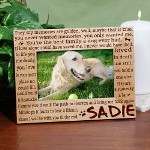 The Love & Joy your pet brought into your family is immeasurable. Honor your pets commitment to family with this beautifully Engraved Pet Memorial Picture Frame so your lovable family member can be treasured forever. Our Personalized Pet Memorial Wood Picture Frame measures 8 3/4"x 6 3/4" and holds a 3" x 5" or 4" x 6" photo. Easel back allows for desk display. Pet memorial frame includes FREE Personalization! Personalize your Pet Remembrance Picture Frame with any pets name. 