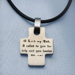 The old testament story of King Hezekiah reminds us that when we pray for healing and have those prayers answered, God expects us to give Him the glory. The Healed By God cross pendant is stamped with the words from Psalm 30:2, I cried out to the Lord for help, and He healed me. 