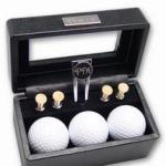 Recognize the distinguished golfers on your business or personal gift list with our sophisticated black leather golf gift set. Distinctive presentation case is made of genuine rich black leather of the highest quality. Golf gift includes 3 golf balls, 4 tees and a divot tool, all in one handsome set. Create a dramatic impression in an engraved golf gift when you add personalization to the nameplate on front of case, the divot tool or both. Case top of golf set displays gift items prominently. Your recipient will always remember you fondly for your thoughtfulness as well as your tastes in superior quality. 