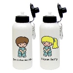 With long hours on their feet, any hard-working nurse would appreciate this custom character nurse water bottle. Each aluminum water bottle features a male or female RN decked out in scrubs, and can be customized by skin tone, hair color, eye color, and a name printed under the character. These nurse character water bottles come with a carabiner clip, a plastic spout with lid and an o-ring. Surprise a nurse or nursing student in your life, with this ecologically kind water bottle. Personalization Information: Personalize this gift with a name, skin tone color, gender and hair color.