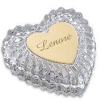 This romantic crystal heart box will make a beautiful addition to anyones dresser top or vanity. This 4" x 4" box makes is the perfect place to store jewelry or other small treasured trinkets. Add their name or initials to the brass heart plate to ensure the gift will be treasured for many years to come. 