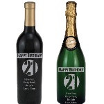 Celebrate a 21st birthday with an etched bottle of wine or champagne. Choose between a wine or champagne bottle is exquisitely etched and engraved! Then each etched wine or champagne bottle is custom personalized with any message you choose. 