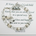 Send wishes of love and happiness to a special godchild any time of year or for a special holiday, religious occasion or celebration. Swarvoski crystals, freshwater pearls and sterling silver with an adjustable clasp and sterling silver godchild charm. 