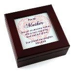 Make this Mothers day a day she will never forget by showing your mom how much you love her with our heartfelt Mahogany Keepsake box. This beautifully inscribed box includes a short and sweet message imprinted with a heart along with an additional 2 lines of personalization. This box will look beautiful on your Mothers dresser and her face will light up every time she opens it to store her jewelry, keys, or any other keepsakes.